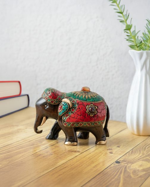 Wooden Elephant with Stone Work – Big & Small (Multicolor